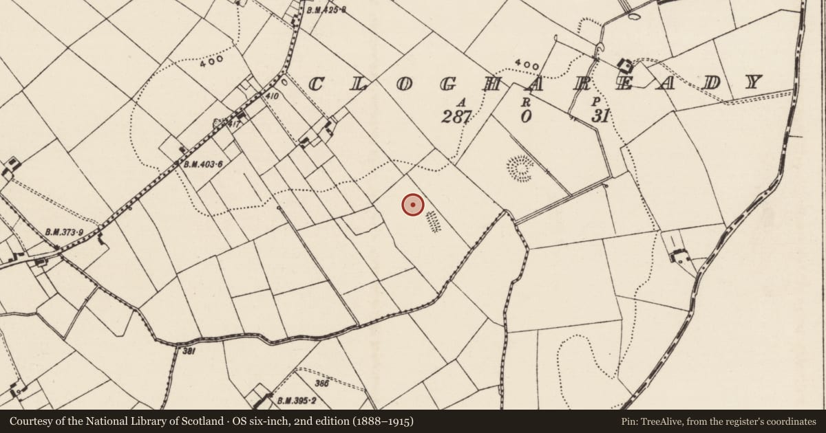 Ordnance Survey six-inch map, 2nd edition (1888–1915) covering the location of Moated site, Cloghaready, County Tipperary South, with a pin at the register's coordinates