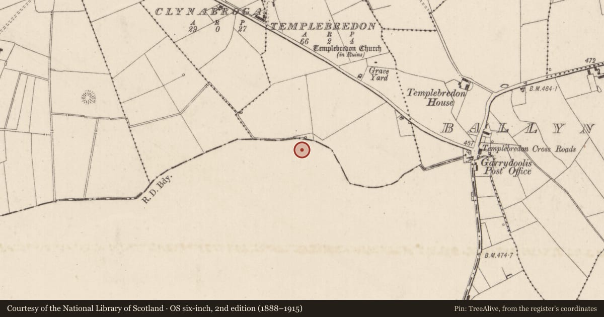 Ordnance Survey six-inch map, 2nd edition (1888–1915) covering the location of Moated site, Knockalegan, County Tipperary South, with a pin at the register's coordinates