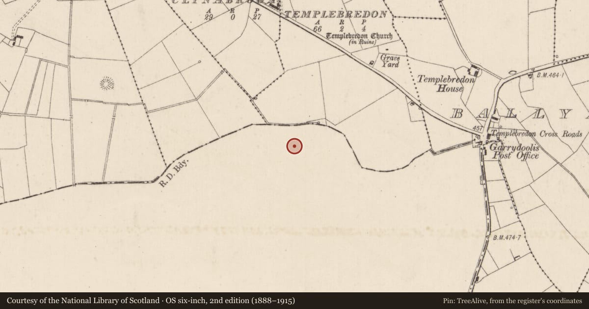 Ordnance Survey six-inch map, 2nd edition (1888–1915) covering the location of Enclosure, Knockalegan, County Tipperary South, with a pin at the register's coordinates
