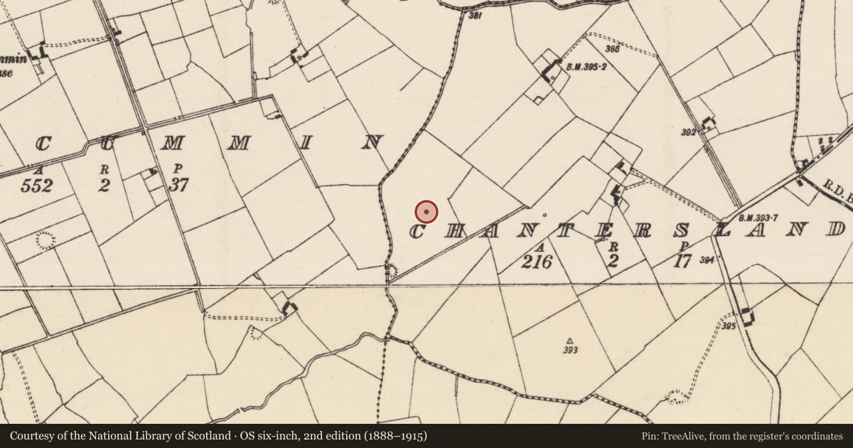 Ordnance Survey six-inch map, 2nd edition (1888–1915) covering the location of Barrow - ditch barrow, Chantersland, County Tipperary South, with a pin at the register's coordinates