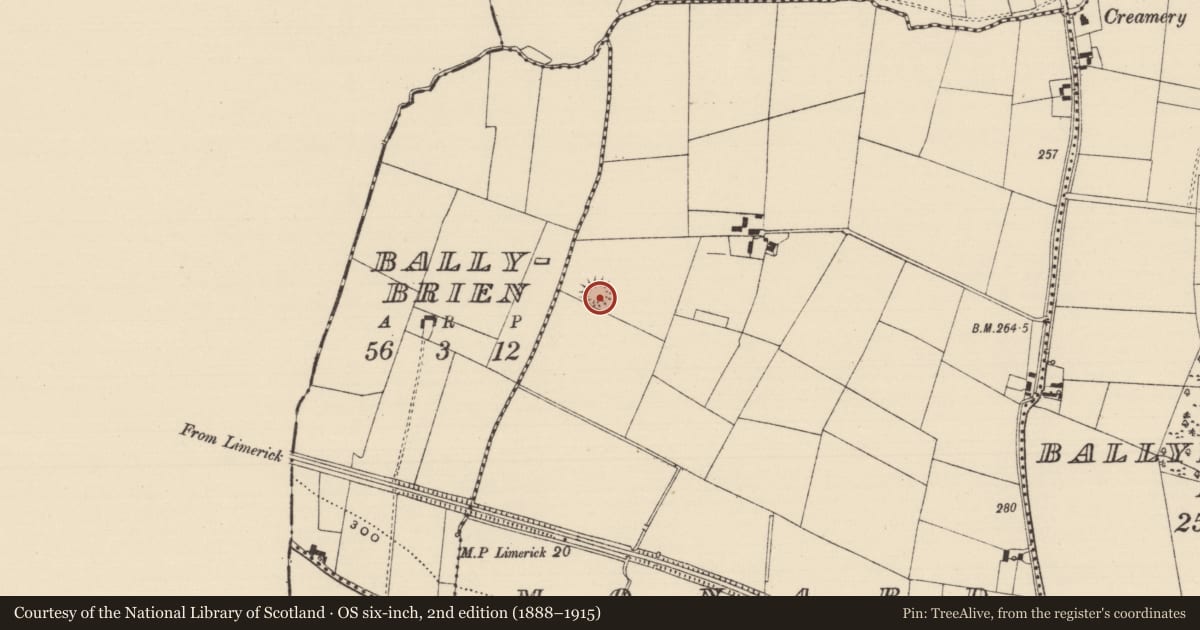 Ordnance Survey six-inch map, 2nd edition (1888–1915) covering the location of Barrow - ring-barrow, Monard, County Tipperary South, with a pin at the register's coordinates