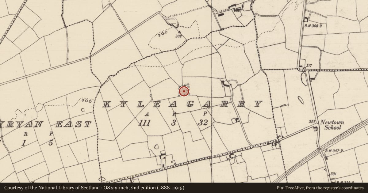 Ordnance Survey six-inch map, 2nd edition (1888–1915) covering the location of Moated site, Kyleagarry, County Tipperary South, with a pin at the register's coordinates