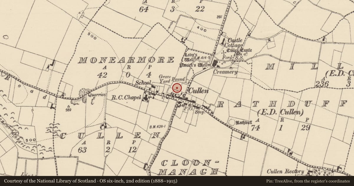 Ordnance Survey six-inch map, 2nd edition (1888–1915) covering the location of Graveyard, Monearmore, County Tipperary South, with a pin at the register's coordinates