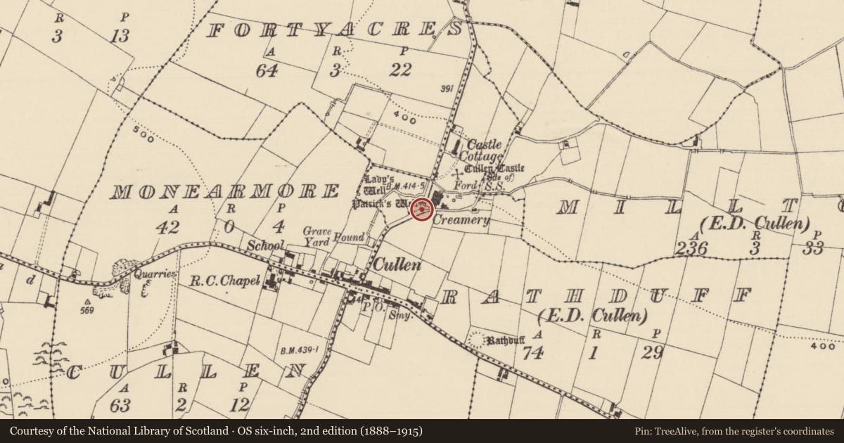Ordnance Survey six-inch map, 2nd edition (1888–1915) covering the location of Ritual site - holy well, Rathduff (Cullen Par.), County Tipperary South, with a pin at the register's coordinates