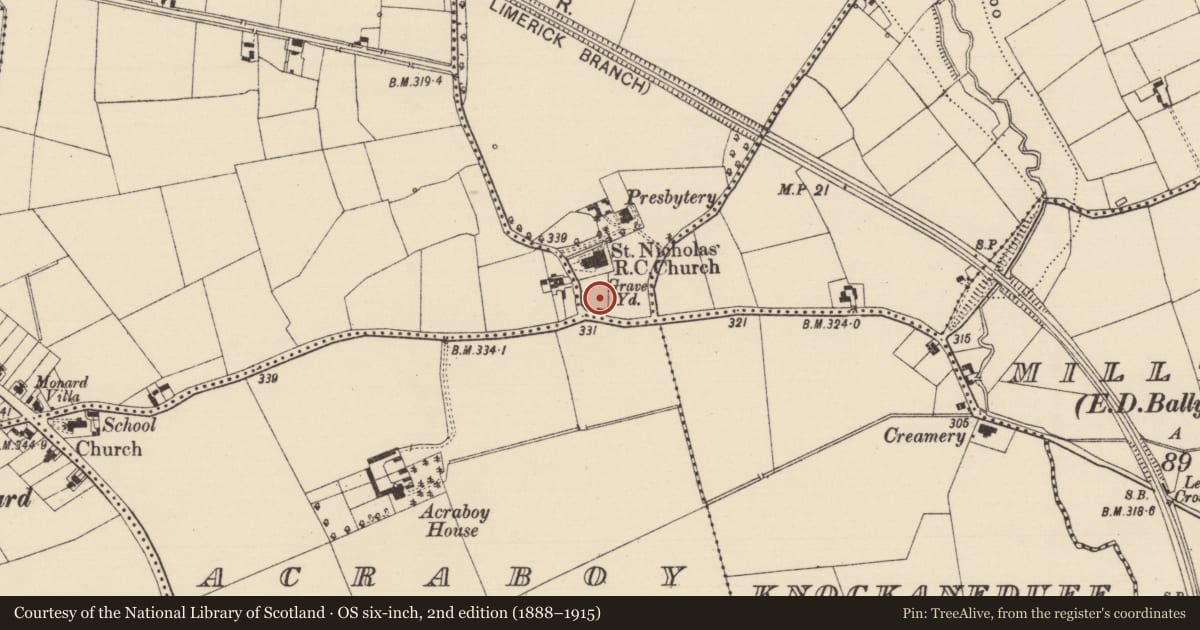 Ordnance Survey six-inch map, 2nd edition (1888–1915) covering the location of Church, Ballyryan West, County Tipperary South, with a pin at the register's coordinates