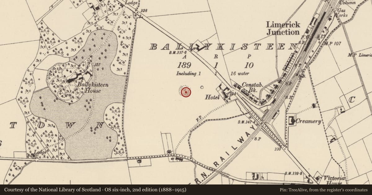 Ordnance Survey six-inch map, 2nd edition (1888–1915) covering the location of Ringfort - rath, Ballykisteen, County Tipperary South, with a pin at the register's coordinates