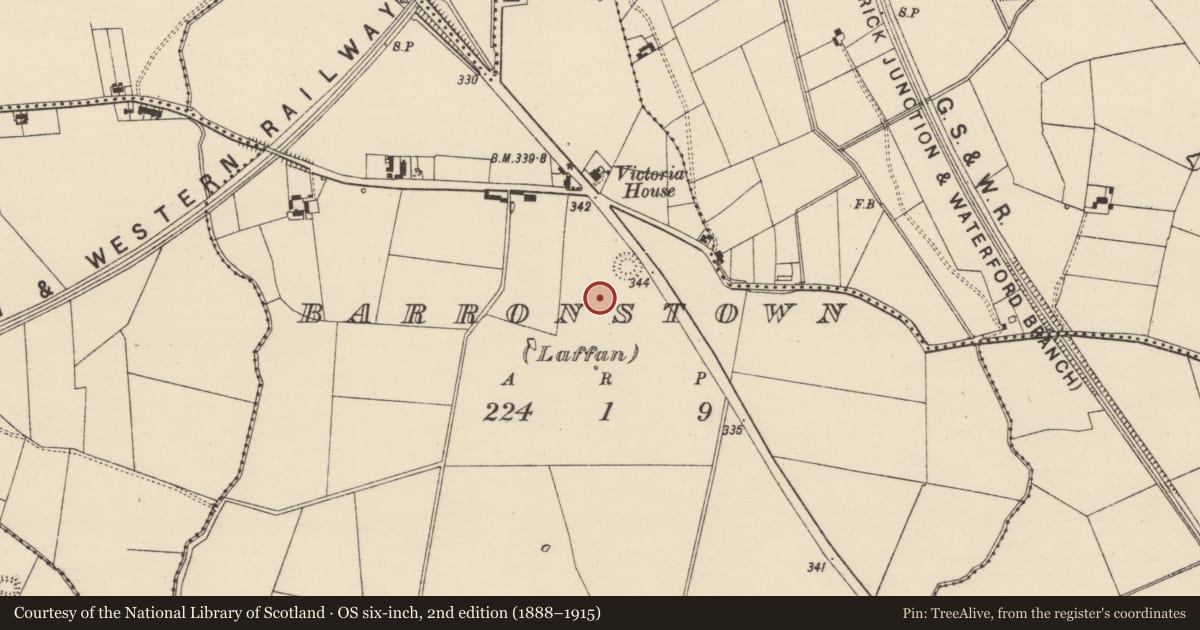 Ordnance Survey six-inch map, 2nd edition (1888–1915) covering the location of Ringfort - rath, Barronstown (Laffan), County Tipperary South, with a pin at the register's coordinates
