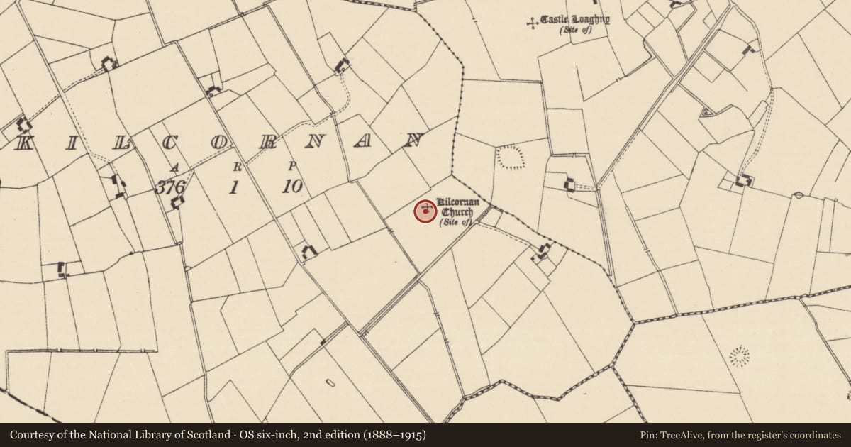 Ordnance Survey six-inch map, 2nd edition (1888–1915) covering the location of Graveyard, Kilcornan, County Tipperary South, with a pin at the register's coordinates