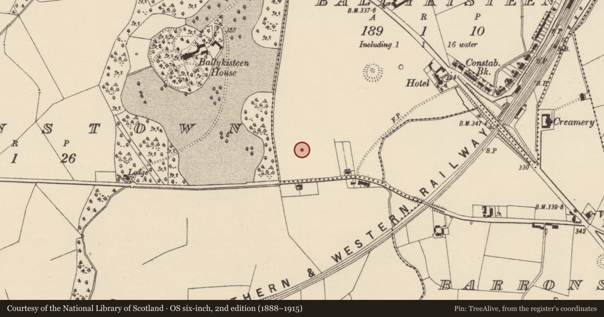 Ordnance Survey six-inch map, 2nd edition (1888–1915) covering the location of Barrow - ring-barrow, Ballykisteen, County Tipperary South, with a pin at the register's coordinates