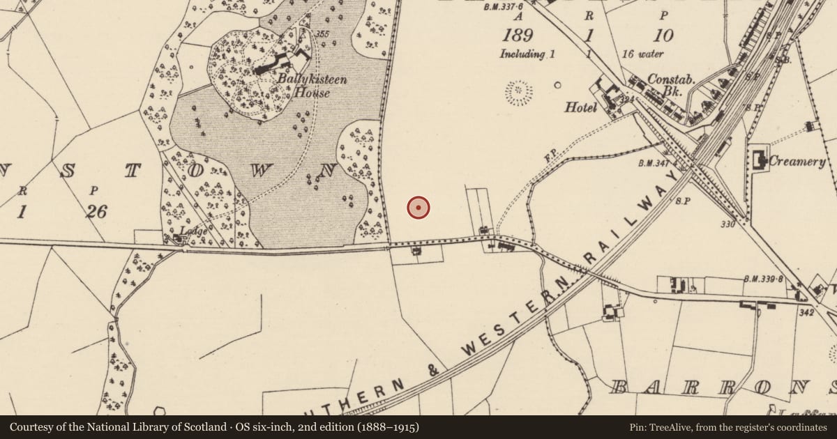 Ordnance Survey six-inch map, 2nd edition (1888–1915) covering the location of Barrow - ring-barrow, Ballykisteen, County Tipperary South, with a pin at the register's coordinates