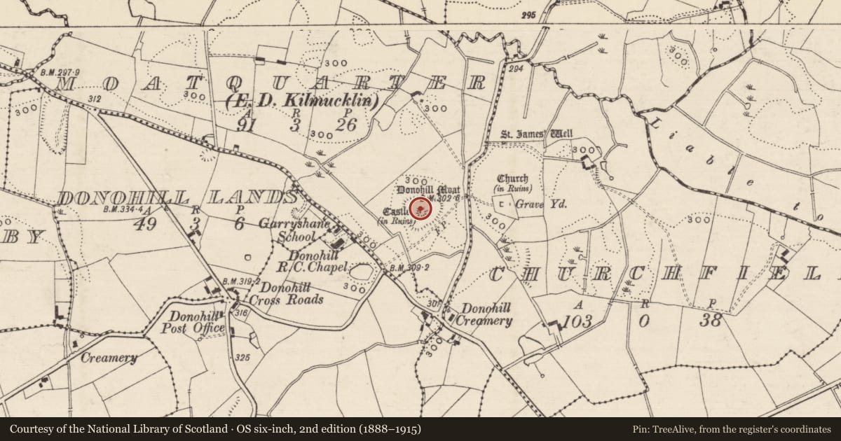 Ordnance Survey six-inch map, 2nd edition (1888–1915) covering the location of Castle - unclassified, Moatquarter (Donohill Par.), County Tipperary South, with a pin at the register's coordinates