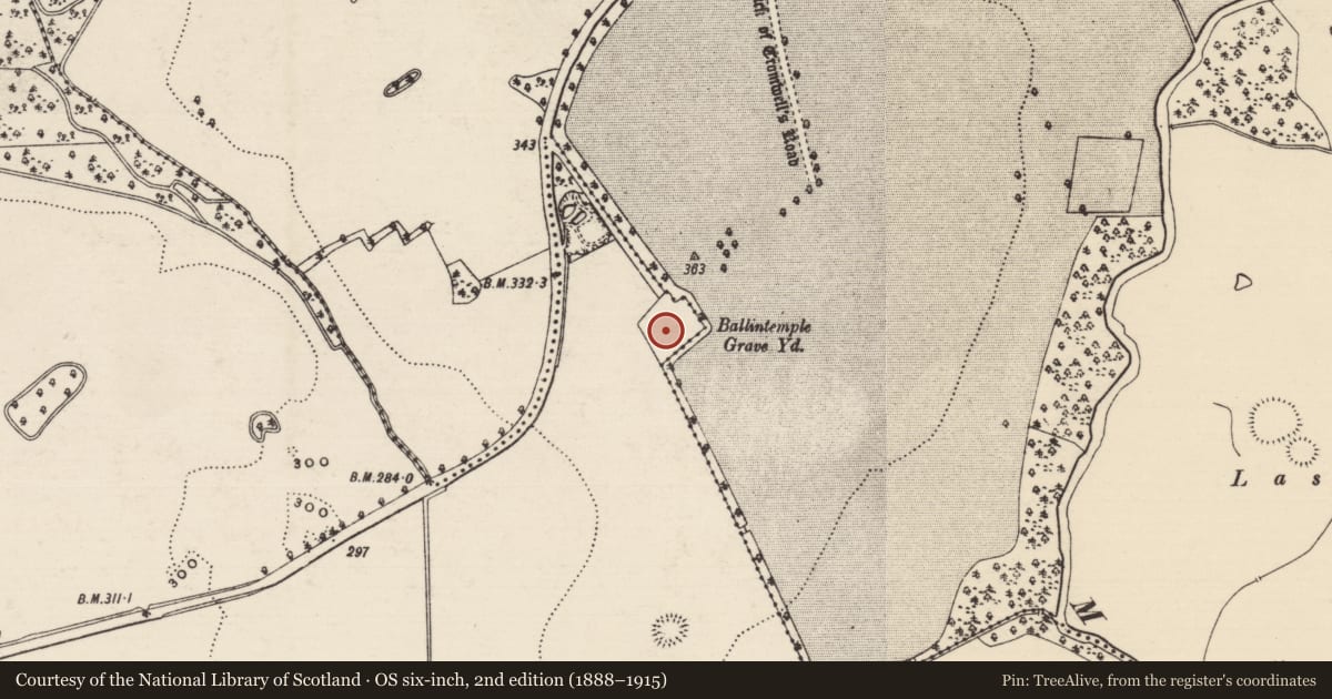 Ordnance Survey six-inch map, 2nd edition (1888–1915) covering the location of Graveyard, Ballintemple (Ballintemple Par.), Dundrum, County Tipperary South, with a pin at the register's coordinates