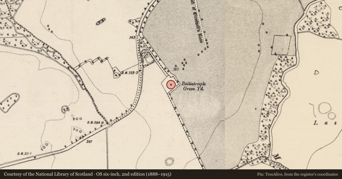 Ordnance Survey six-inch map, 2nd edition (1888–1915) covering the location of Graveslab, Ballintemple (Ballintemple Par.), County Tipperary South, with a pin at the register's coordinates