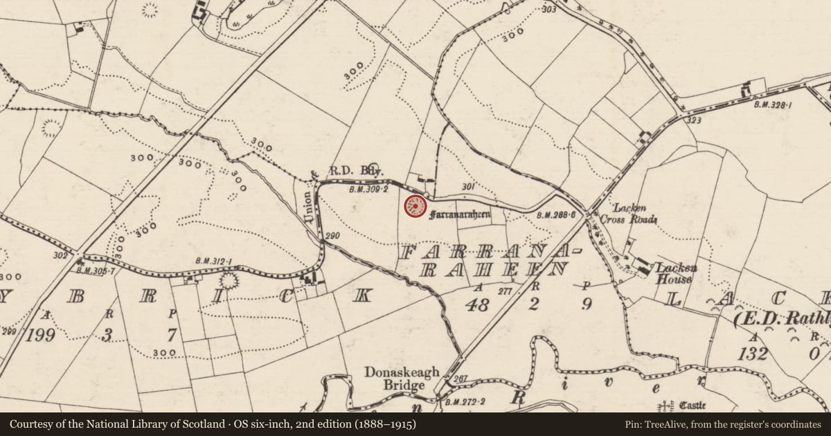 Ordnance Survey six-inch map, 2nd edition (1888–1915) covering the location of Enclosure, Farranaraheen, County Tipperary South, with a pin at the register's coordinates