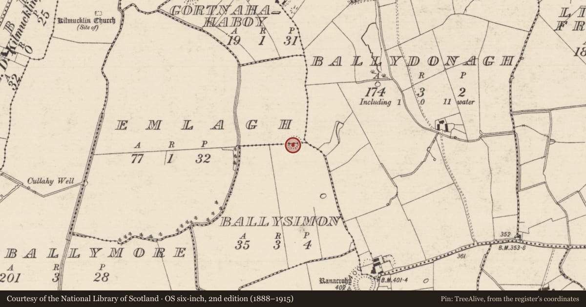 Ordnance Survey six-inch map, 2nd edition (1888–1915) covering the location of Enclosure, Ballysimon, Emlagh, County Tipperary South, with a pin at the register's coordinates