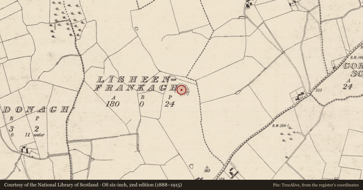 Ordnance Survey six-inch map, 2nd edition (1888–1915) covering the location of Enclosure, Lisheenfrankagh, County Tipperary South, with a pin at the register's coordinates
