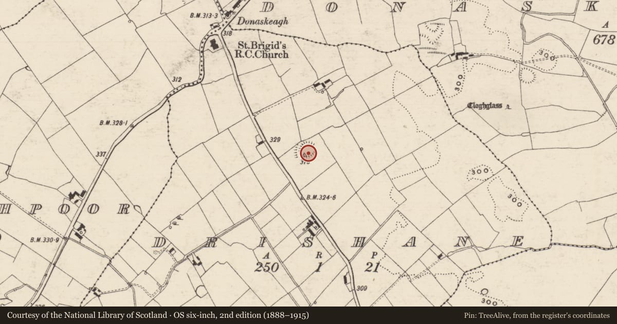 Ordnance Survey six-inch map, 2nd edition (1888–1915) covering the location of Enclosure, Drishane, County Tipperary South, with a pin at the register's coordinates