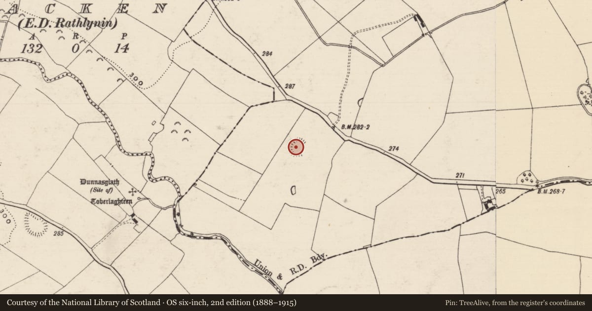 Ordnance Survey six-inch map, 2nd edition (1888–1915) covering the location of Enclosure, Ballintemple (Ballintemple Par.), County Tipperary South, with a pin at the register's coordinates