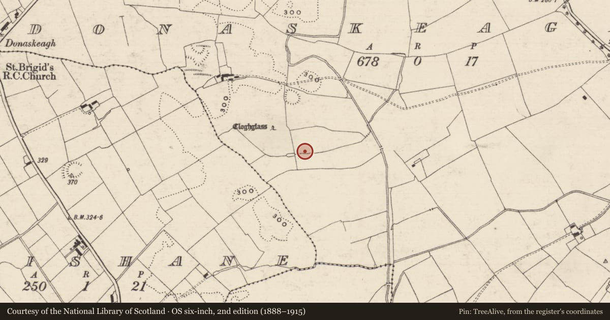Ordnance Survey six-inch map, 2nd edition (1888–1915) covering the location of House - indeterminate date, Donaskeagh, County Tipperary South, with a pin at the register's coordinates