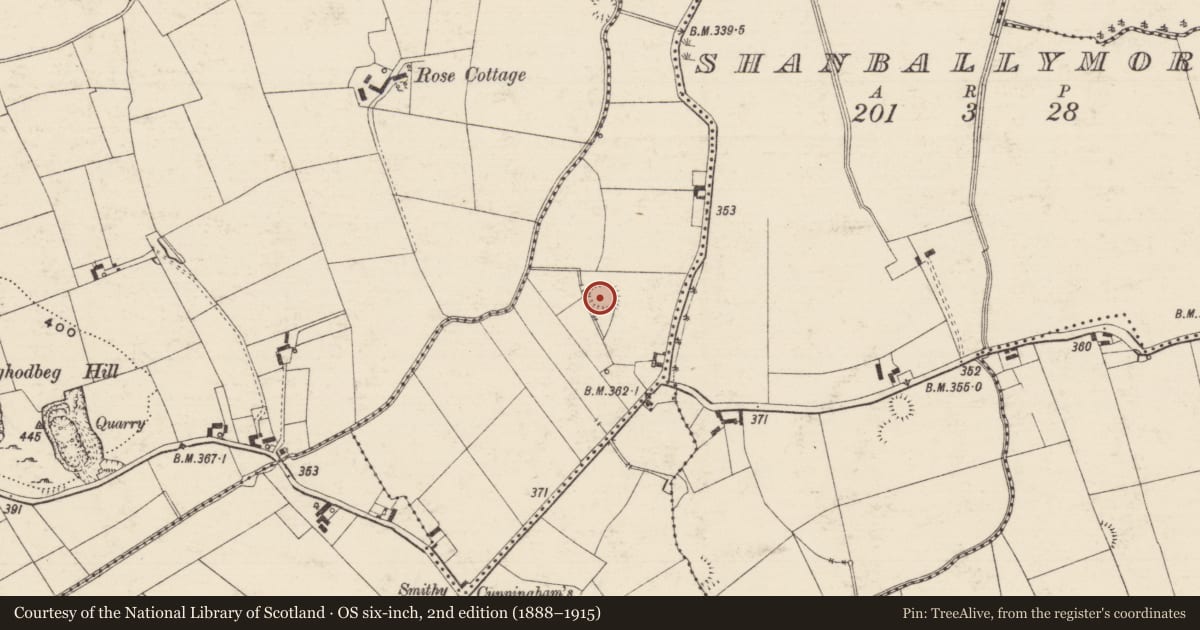 Ordnance Survey six-inch map, 2nd edition (1888–1915) covering the location of Enclosure, Farranaclara, County Tipperary South, with a pin at the register's coordinates