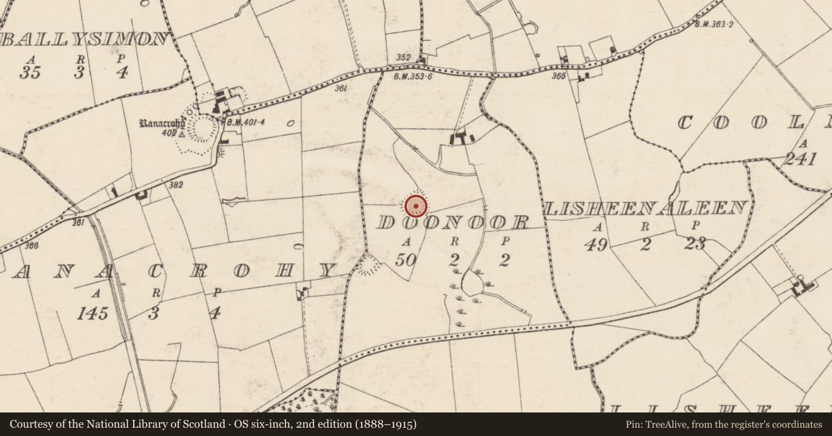Ordnance Survey six-inch map, 2nd edition (1888–1915) covering the location of Enclosure, Doonoor (Donohill Par.), County Tipperary South, with a pin at the register's coordinates