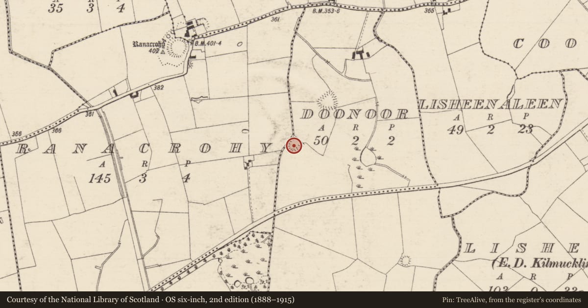 Ordnance Survey six-inch map, 2nd edition (1888–1915) covering the location of Enclosure, Doonoor (Templenoe Par.), County Tipperary South, with a pin at the register's coordinates