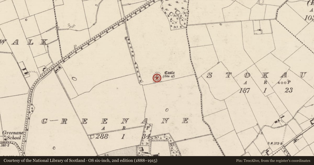 Ordnance Survey six-inch map, 2nd edition (1888–1915) covering the location of Earthwork, Greenane, County Tipperary South, with a pin at the register's coordinates