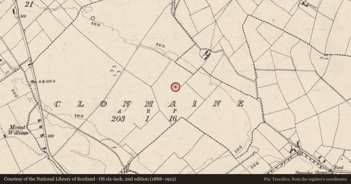 Ordnance Survey six-inch map, 2nd edition (1888–1915) covering the location of Enclosure, Clonmaine, County Tipperary South, with a pin at the register's coordinates