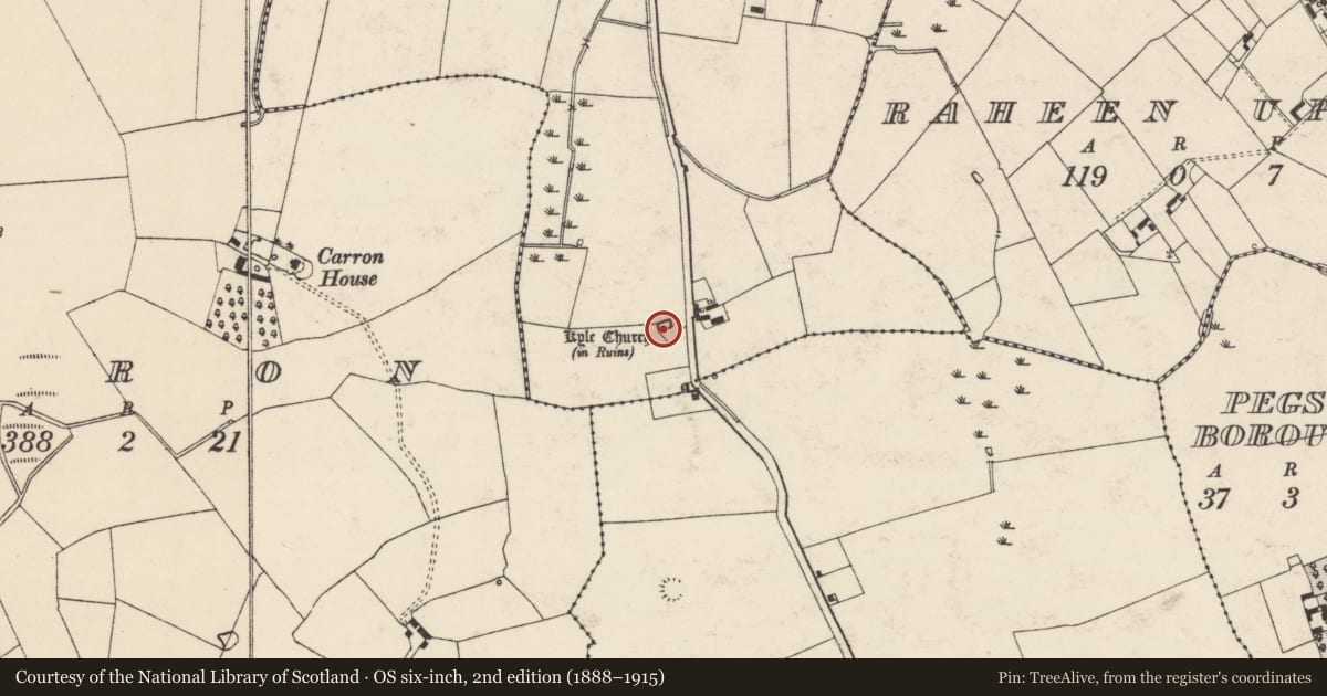 Ordnance Survey six-inch map, 2nd edition (1888–1915) covering the location of Church, Kyle (Solloghodbeg Par.), County Tipperary South, with a pin at the register's coordinates