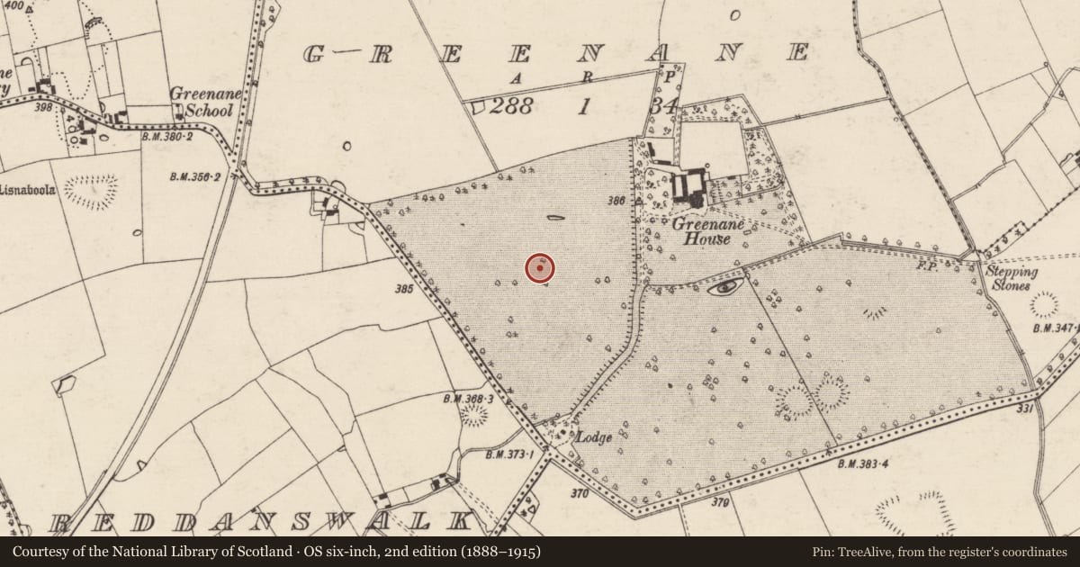 Ordnance Survey six-inch map, 2nd edition (1888–1915) covering the location of Enclosure, Greenane, County Tipperary South, with a pin at the register's coordinates