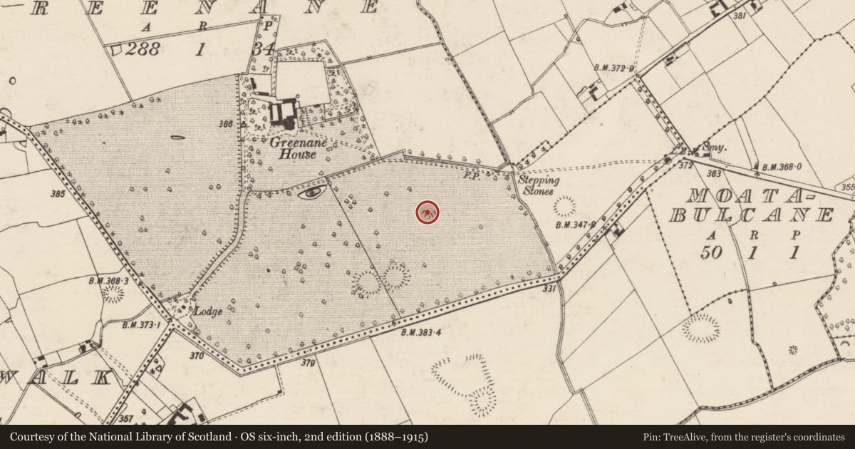 Ordnance Survey six-inch map, 2nd edition (1888–1915) covering the location of Enclosure, Greenane, County Tipperary South, with a pin at the register's coordinates