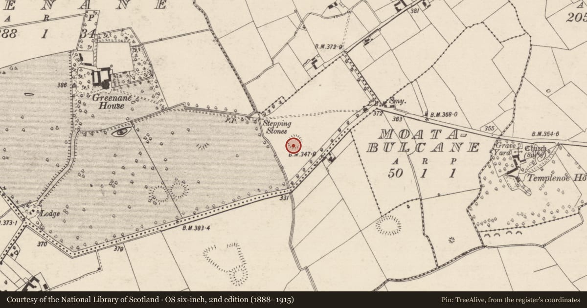Ordnance Survey six-inch map, 2nd edition (1888–1915) covering the location of Enclosure, Greenane, County Tipperary South, with a pin at the register's coordinates