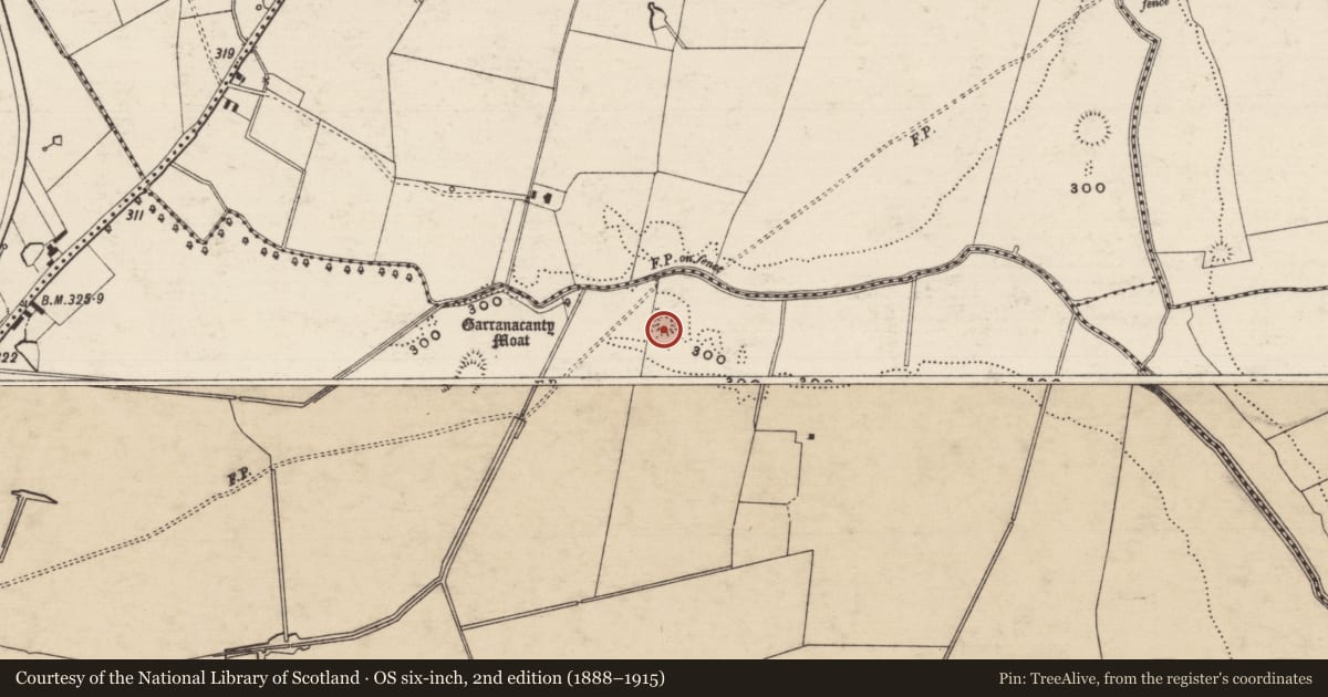 Ordnance Survey six-inch map, 2nd edition (1888–1915) covering the location of Enclosure, Garranacanty, County Tipperary South, with a pin at the register's coordinates