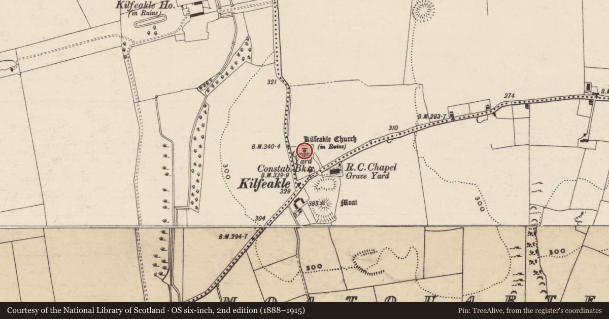 Ordnance Survey six-inch map, 2nd edition (1888–1915) covering the location of Church, Kilfeakle Churchquarter, County Tipperary South, with a pin at the register's coordinates