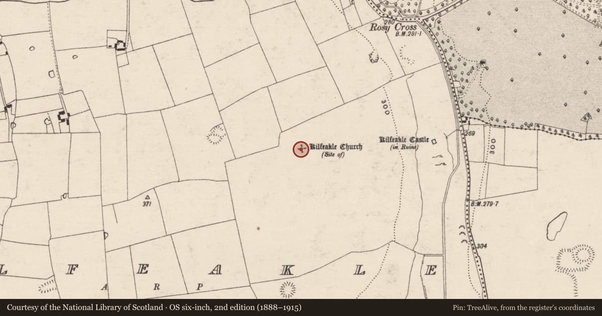 Ordnance Survey six-inch map, 2nd edition (1888–1915) covering the location of Church, Kilfeakle, County Tipperary South, with a pin at the register's coordinates