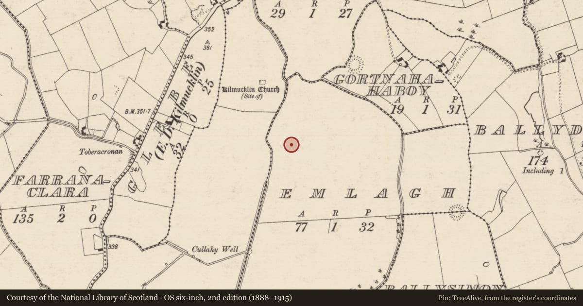 Ordnance Survey six-inch map, 2nd edition (1888–1915) covering the location of Barrow - ring-barrow, Emlagh, County Tipperary South, with a pin at the register's coordinates