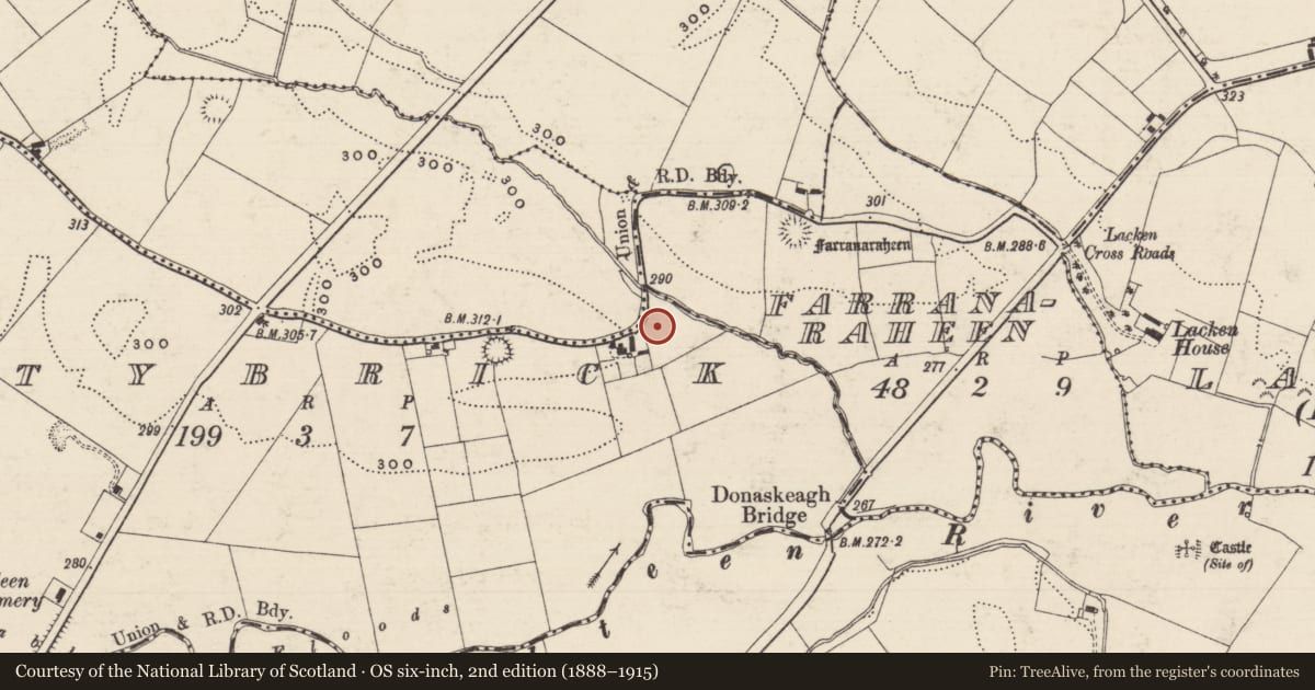 Ordnance Survey six-inch map, 2nd edition (1888–1915) covering the location of Standing stone, Attybrick, County Tipperary South, with a pin at the register's coordinates