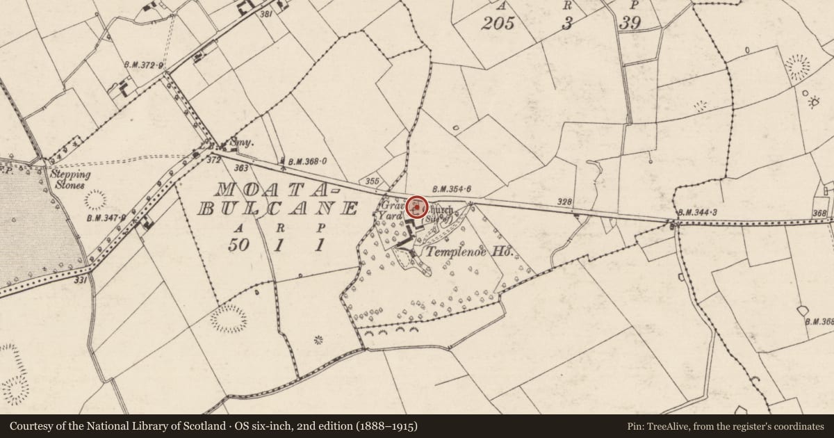 Ordnance Survey six-inch map, 2nd edition (1888–1915) covering the location of Bullaun stone, Templenoe (Templenoe Par.), County Tipperary South, with a pin at the register's coordinates