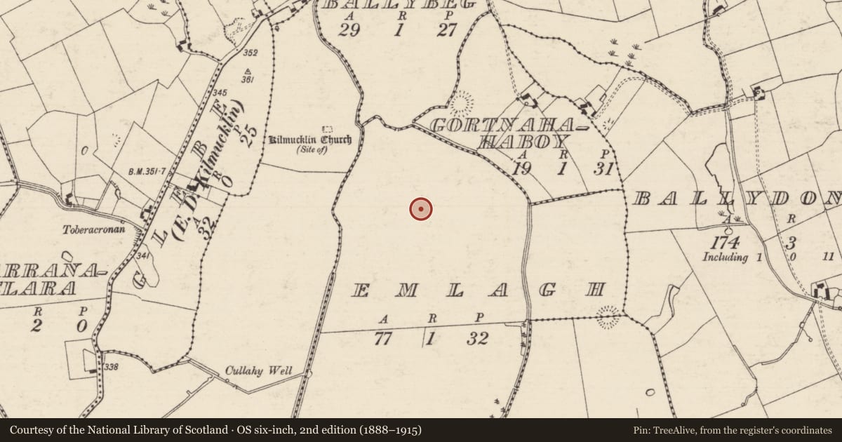 Ordnance Survey six-inch map, 2nd edition (1888–1915) covering the location of Enclosure, Emlagh, County Tipperary South, with a pin at the register's coordinates