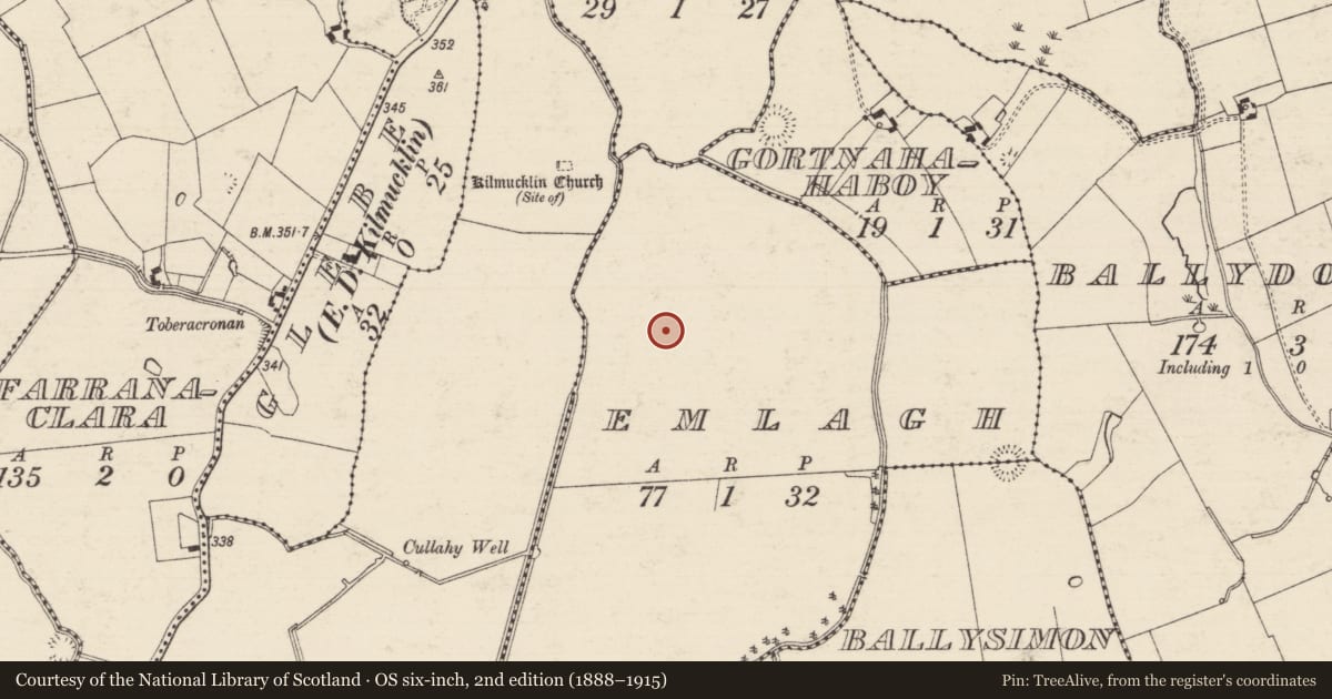 Ordnance Survey six-inch map, 2nd edition (1888–1915) covering the location of Barrow - ring-barrow, Emlagh, County Tipperary South, with a pin at the register's coordinates