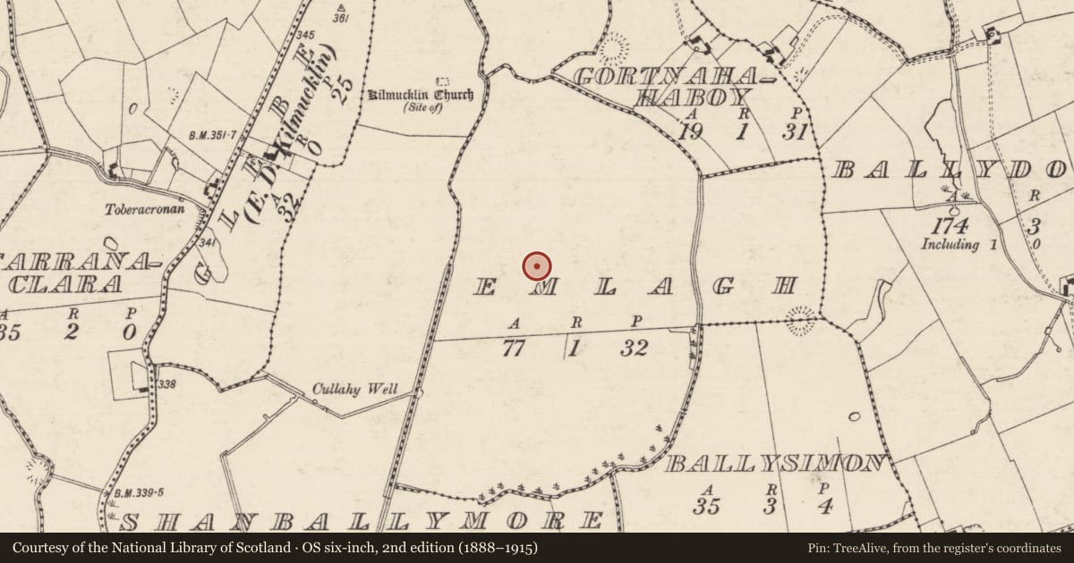 Ordnance Survey six-inch map, 2nd edition (1888–1915) covering the location of Barrow - ring-barrow, Emlagh, County Tipperary South, with a pin at the register's coordinates