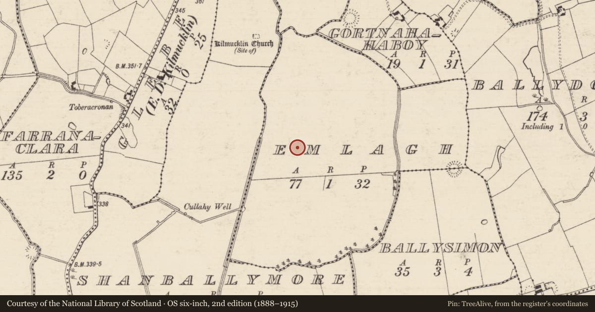 Ordnance Survey six-inch map, 2nd edition (1888–1915) covering the location of Barrow - ring-barrow, Emlagh, County Tipperary South, with a pin at the register's coordinates