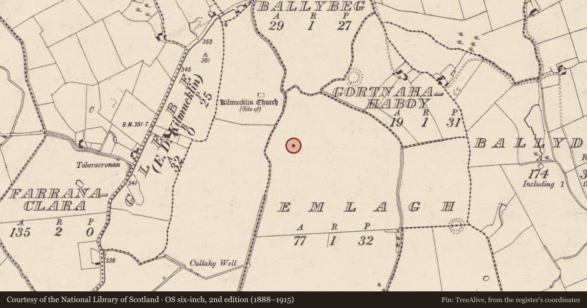Ordnance Survey six-inch map, 2nd edition (1888–1915) covering the location of Enclosure, Emlagh, County Tipperary South, with a pin at the register's coordinates