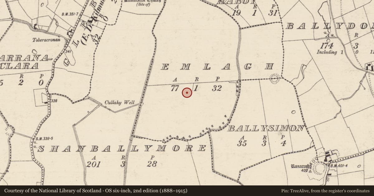 Ordnance Survey six-inch map, 2nd edition (1888–1915) covering the location of Enclosure, Emlagh, County Tipperary South, with a pin at the register's coordinates