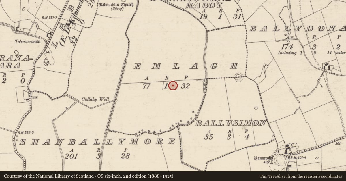 Ordnance Survey six-inch map, 2nd edition (1888–1915) covering the location of Barrow - ring-barrow, Emlagh, County Tipperary South, with a pin at the register's coordinates