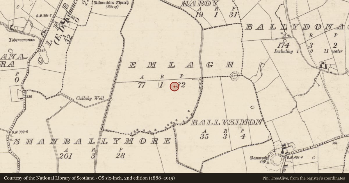 Ordnance Survey six-inch map, 2nd edition (1888–1915) covering the location of Barrow - ring-barrow, Emlagh, County Tipperary South, with a pin at the register's coordinates