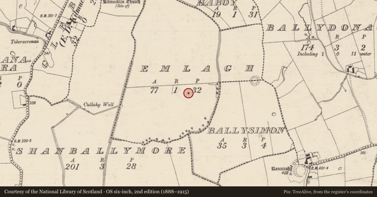Ordnance Survey six-inch map, 2nd edition (1888–1915) covering the location of Barrow - ring-barrow, Emlagh, County Tipperary South, with a pin at the register's coordinates