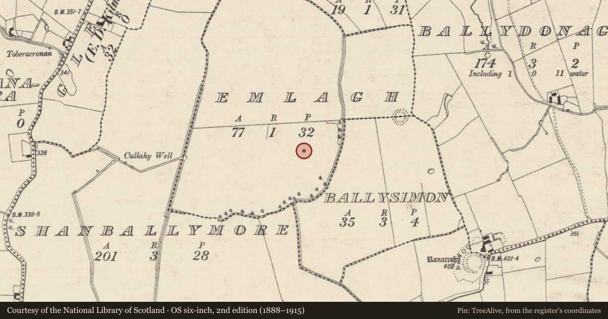 Ordnance Survey six-inch map, 2nd edition (1888–1915) covering the location of Barrow - ring-barrow, Emlagh, County Tipperary South, with a pin at the register's coordinates