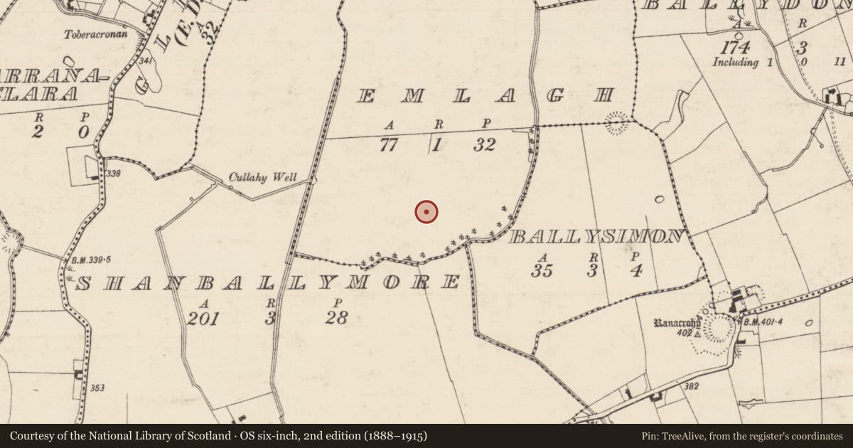 Ordnance Survey six-inch map, 2nd edition (1888–1915) covering the location of Barrow - ring-barrow, Emlagh, County Tipperary South, with a pin at the register's coordinates