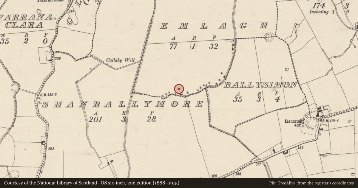 Ordnance Survey six-inch map, 2nd edition (1888–1915) covering the location of Barrow - ring-barrow, Emlagh, County Tipperary South, with a pin at the register's coordinates